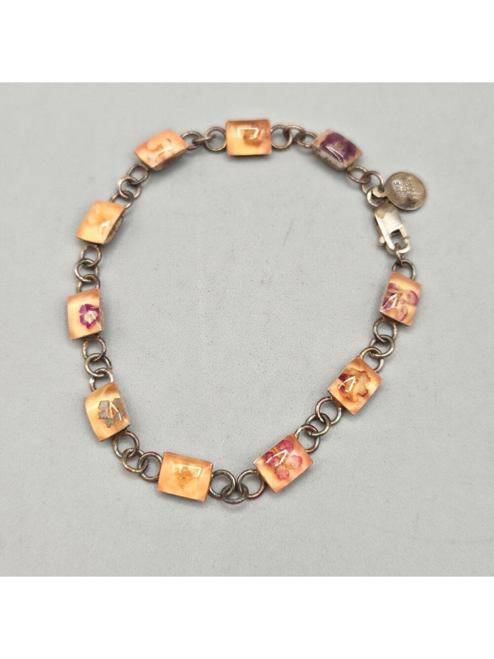 Vintage MWS 925 Sterling Silver Dried Flower Link Bracelet Peach Resin Mexico